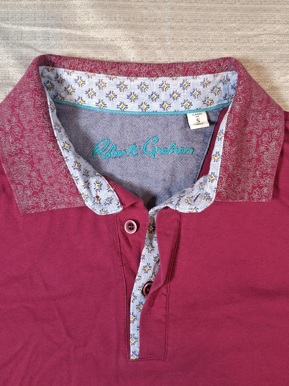 Robert Graham Men's Burgundy Polo with Patterned Collar Trim Size S